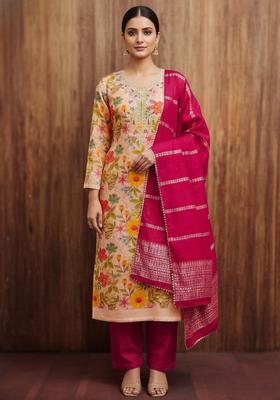 Peach Embroidery Silk Kurta Set