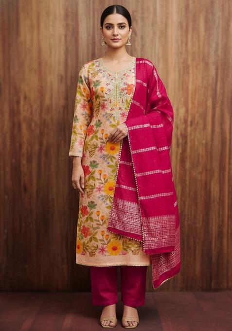 Peach Embroidery Silk Kurta Set