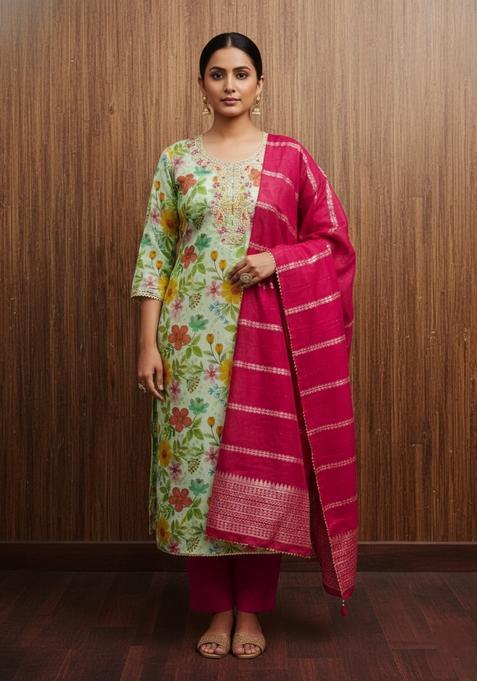 Green Embroidery Silk Kurta Set