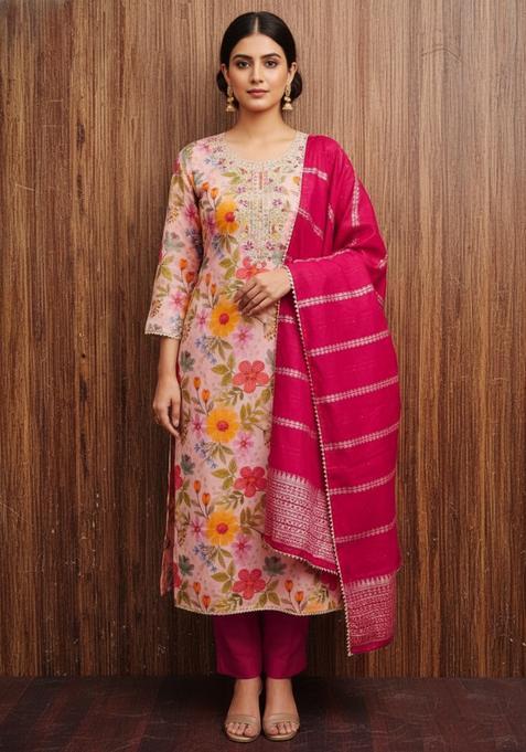 Pink Embroidery Silk Kurta Set