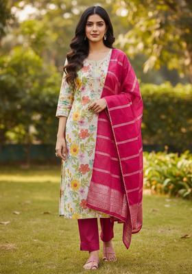 White Embroidery Silk Kurta Set