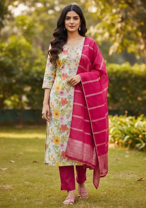 White Embroidery Silk Kurta Set