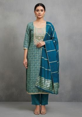 Blue Embroidery Silk Kurta Set