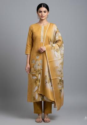 Mustard Embroidery Silk Kurta Set