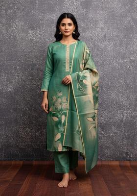 Teal Embroidery Silk Kurta Set