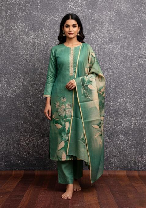 Teal Embroidery Silk Kurta Set