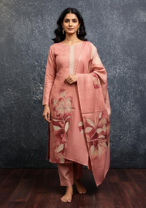 Peach Embroidery Silk Kurta Set