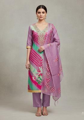 Lavender Embroidery Silk Kurta Set