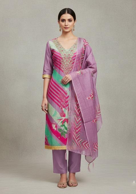 Lavender Embroidery Silk Kurta Set