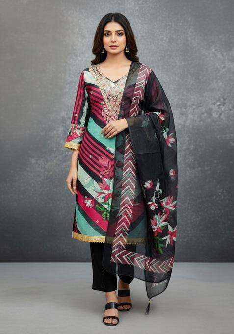 Black Embroidery Silk Kurta Set