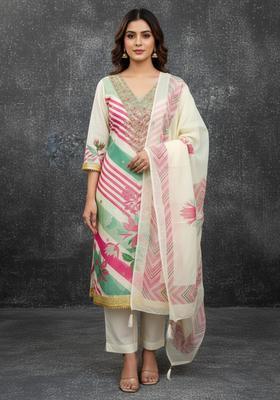 White Embroidery Silk Kurta Set