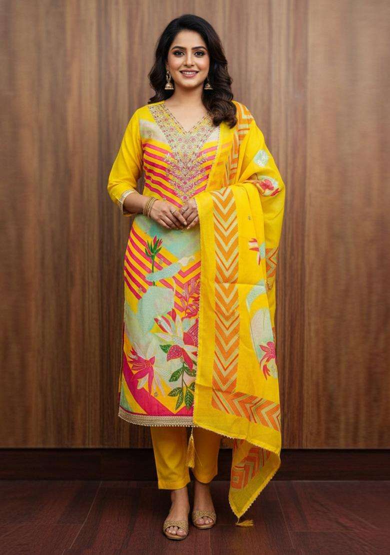 Yellow Embroidery Silk Kurta Set - Indya