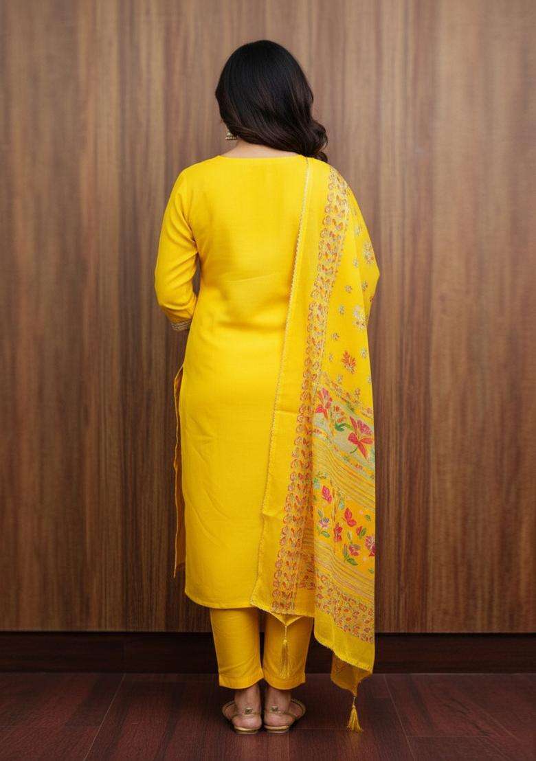 Yellow Embroidery Silk Kurta Set - Indya