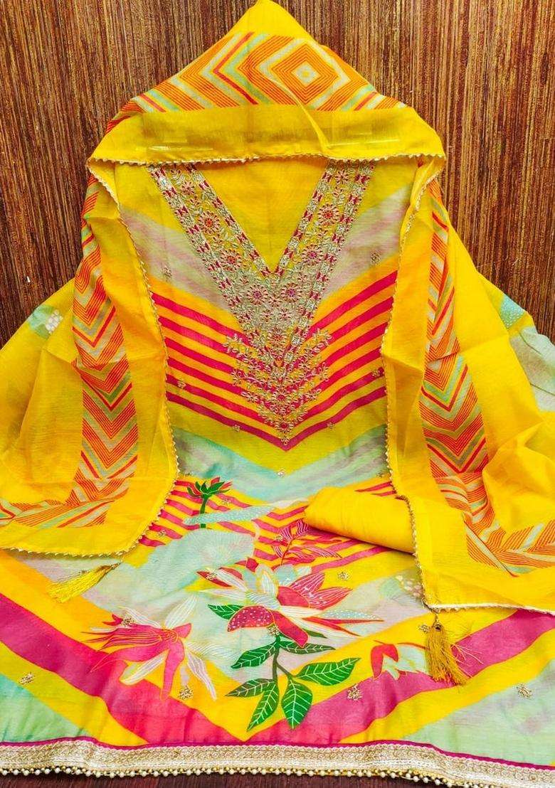 Yellow Embroidery Silk Kurta Set - Indya