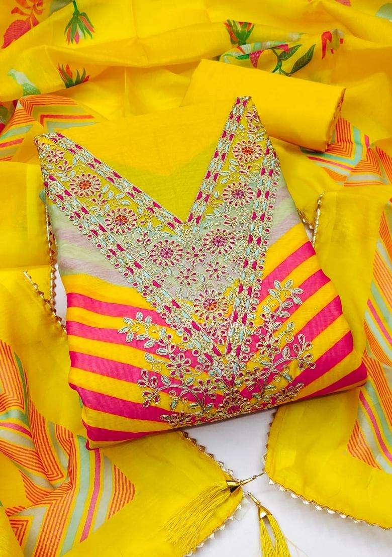 Yellow Embroidery Silk Kurta Set - Indya