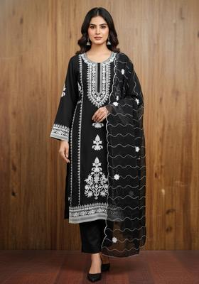 Black Embroidery Silk Kurta Set