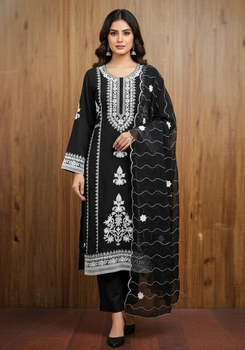 Black Embroidery Silk Kurta Set