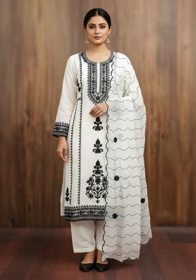 White Embroidery Silk Kurta Set
