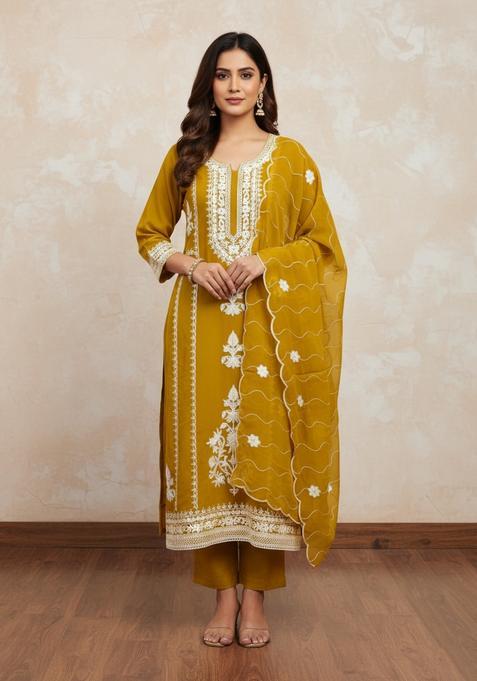 Mustard Embroidery Silk Kurta Set