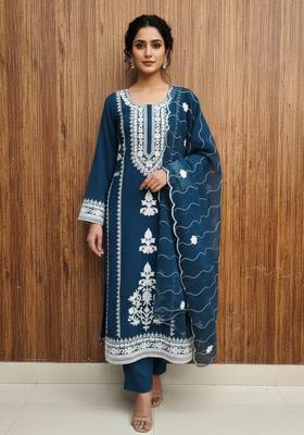 Blue Embroidery Silk Kurta Set