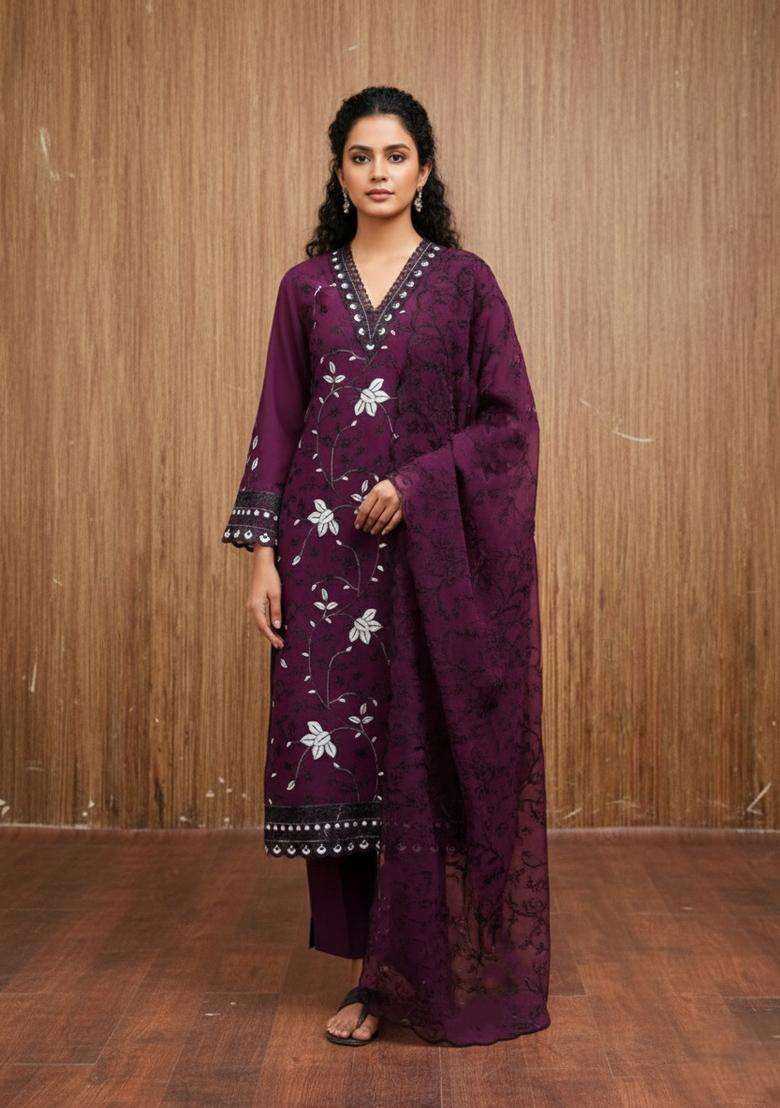 Purple Embroidery Georgette Kurta Set - Indya
