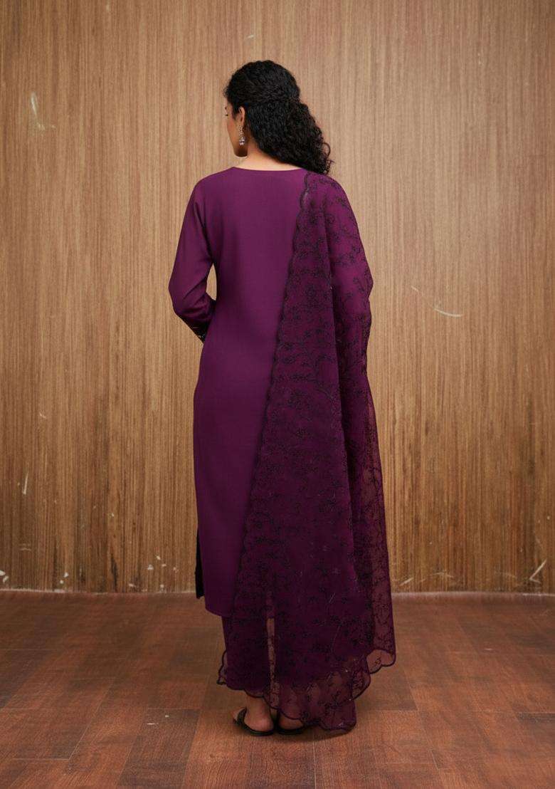 Purple Embroidery Georgette Kurta Set - Indya