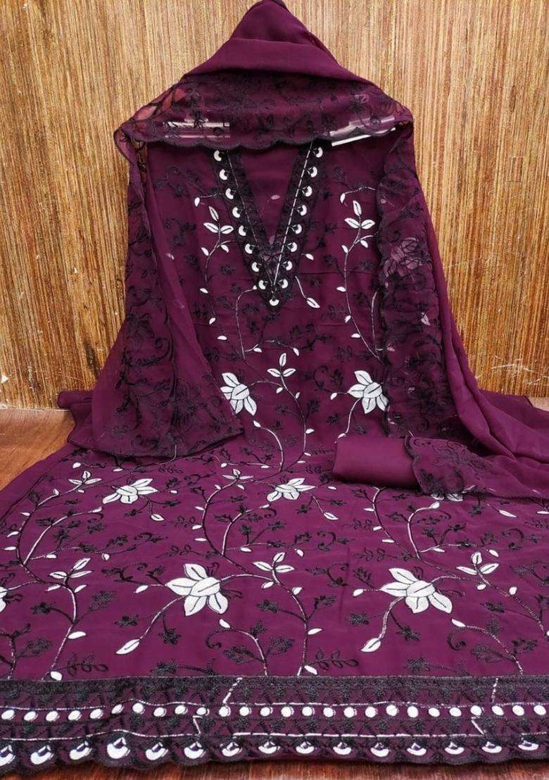 Purple Embroidery Georgette Kurta Set - Indya