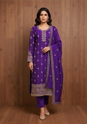 Purple Embroidery Velvet Kurta Set