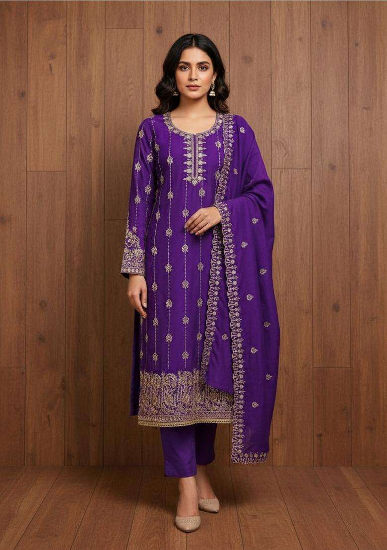 Purple Embroidery Velvet Kurta Set - Indya