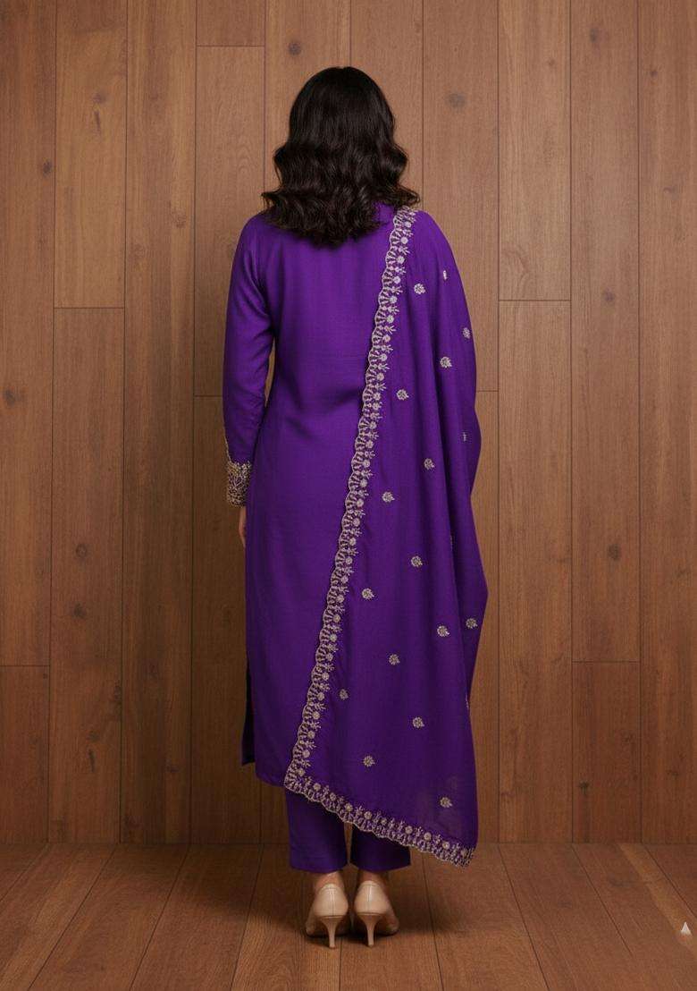 Purple Embroidery Velvet Kurta Set - Indya