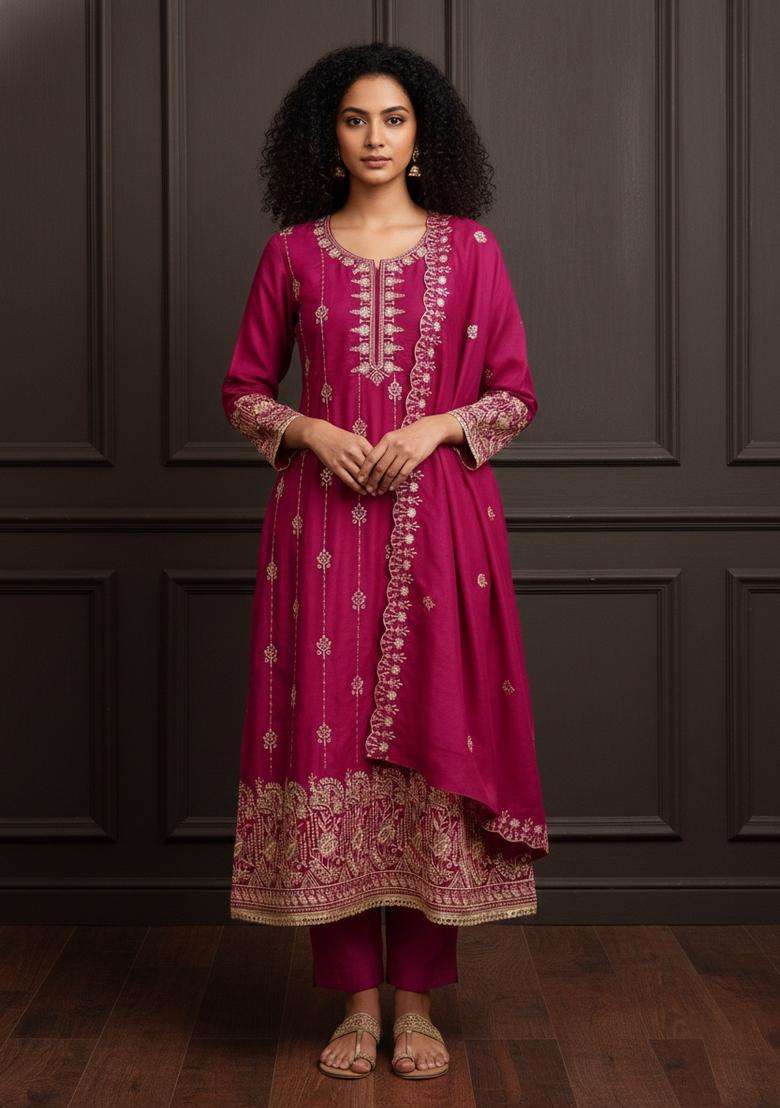 Pink Embroidery Velvet Kurta Set - Indya
