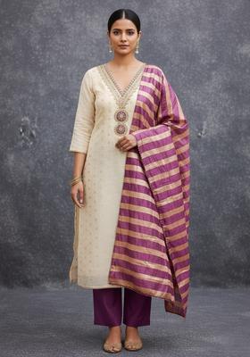 Purple Embroidery Silk Kurta Set