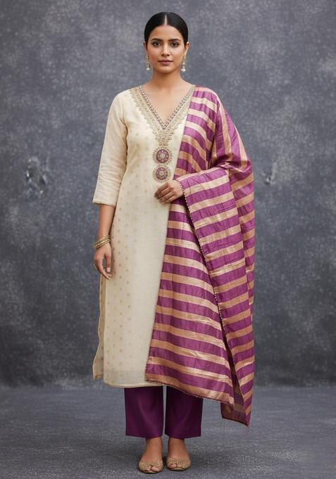 Purple Embroidery Silk Kurta Set