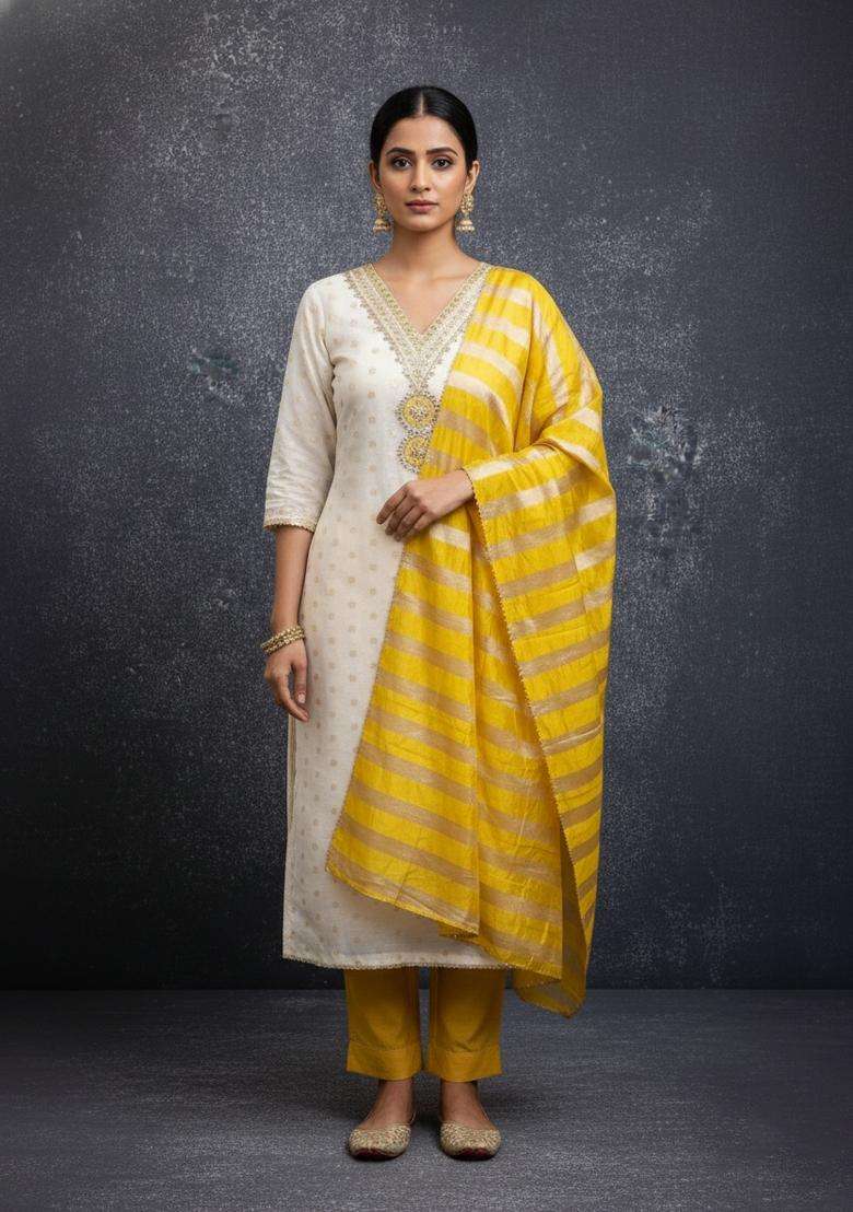 Yellow Embroidery Silk Kurta Set - Indya