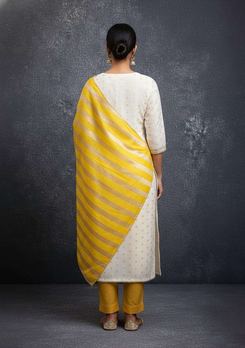 Yellow Embroidery Silk Kurta Set - Indya