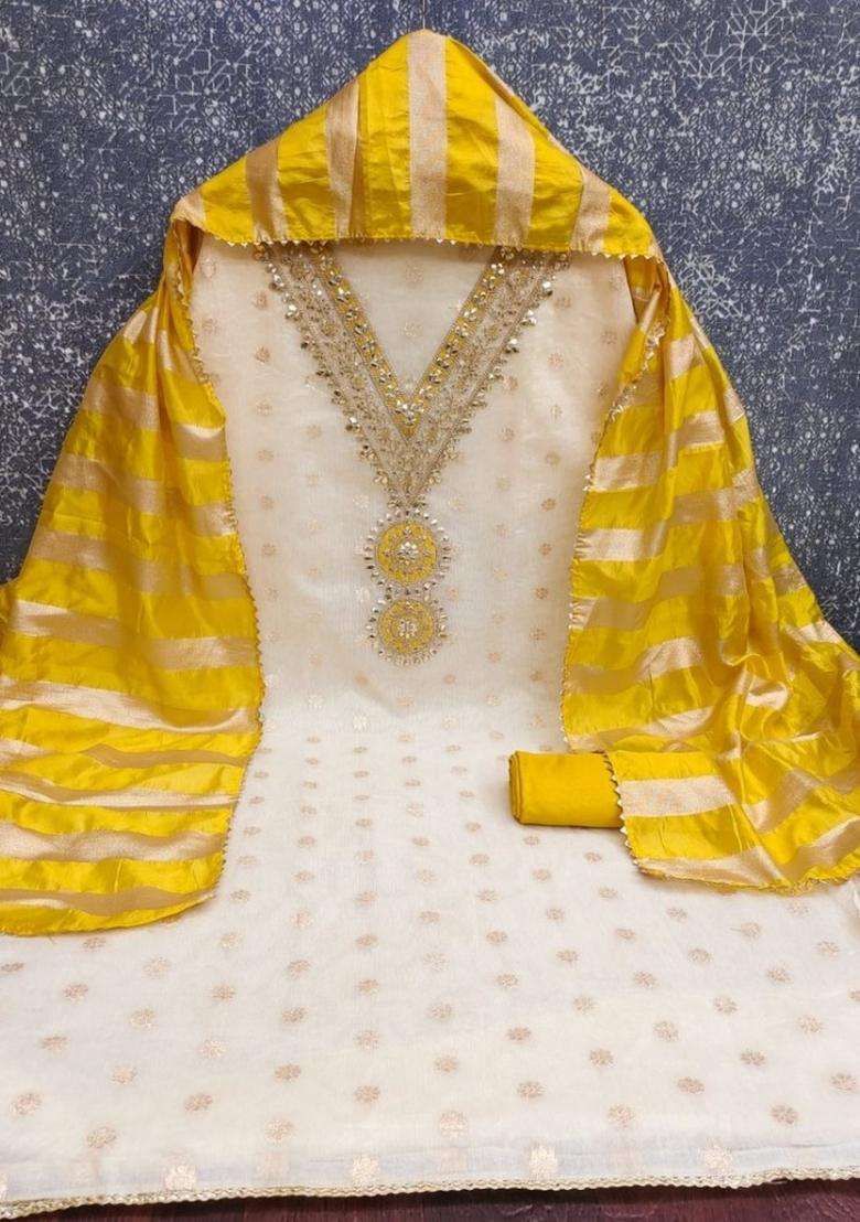 Yellow Embroidery Silk Kurta Set - Indya