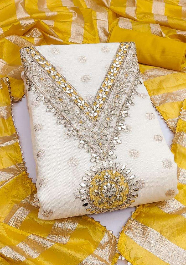 Yellow Embroidery Silk Kurta Set - Indya