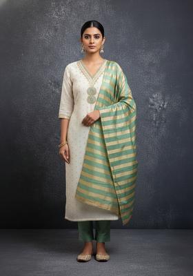 Sea Green Embroidery Silk Kurta Set
