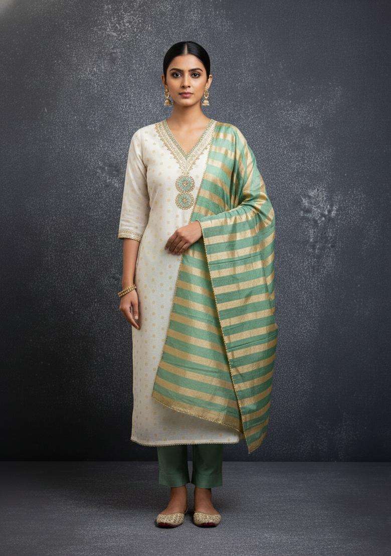 Sea Green Embroidery Silk Kurta Set - Indya