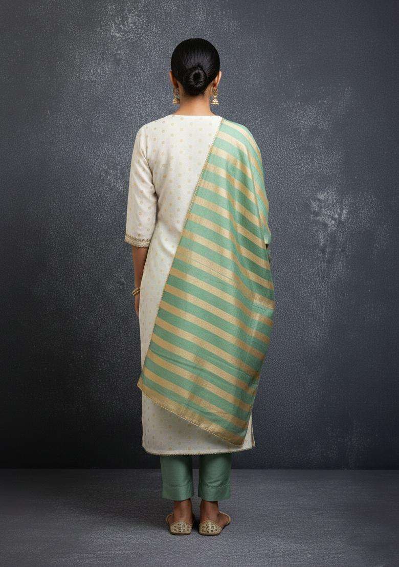Sea Green Embroidery Silk Kurta Set - Indya