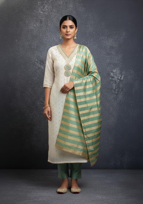 Sea Green Embroidery Silk Kurta Set