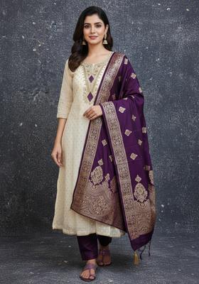 Purple Embroidery Silk Kurta Set