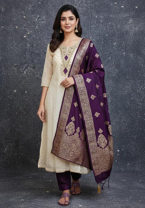 Purple Embroidery Silk Kurta Set