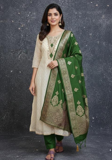 Green Embroidery Silk Kurta Set
