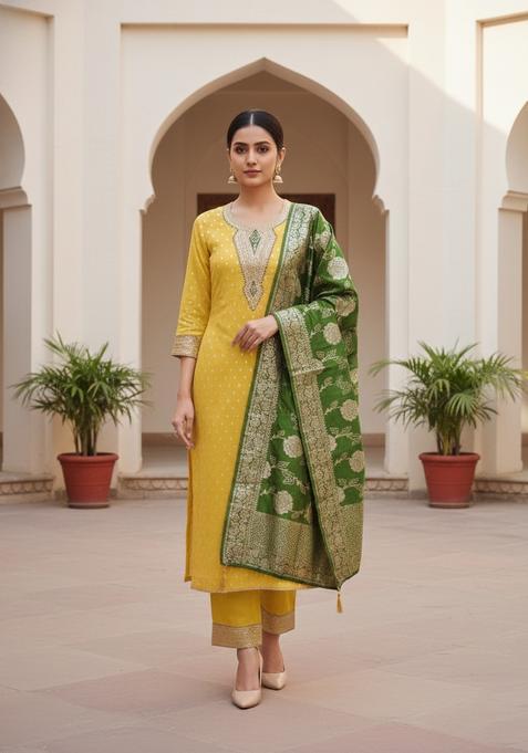 Yellow Embroidery Shimmer Kurta Set