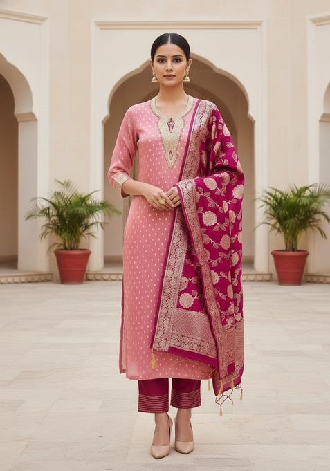 Peach Embroidery Shimmer Kurta Set