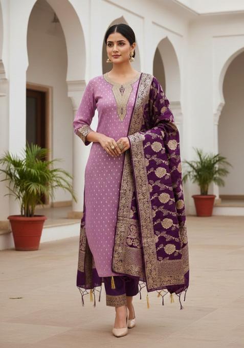 Pink Embroidery Shimmer Kurta Set