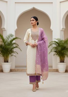 Purple Embroidery Shimmer Kurta Set