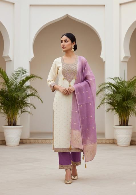 Purple Embroidery Shimmer Kurta Set