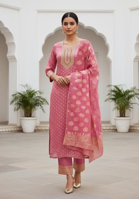 Peach Embroidery Shimmer Kurta Set